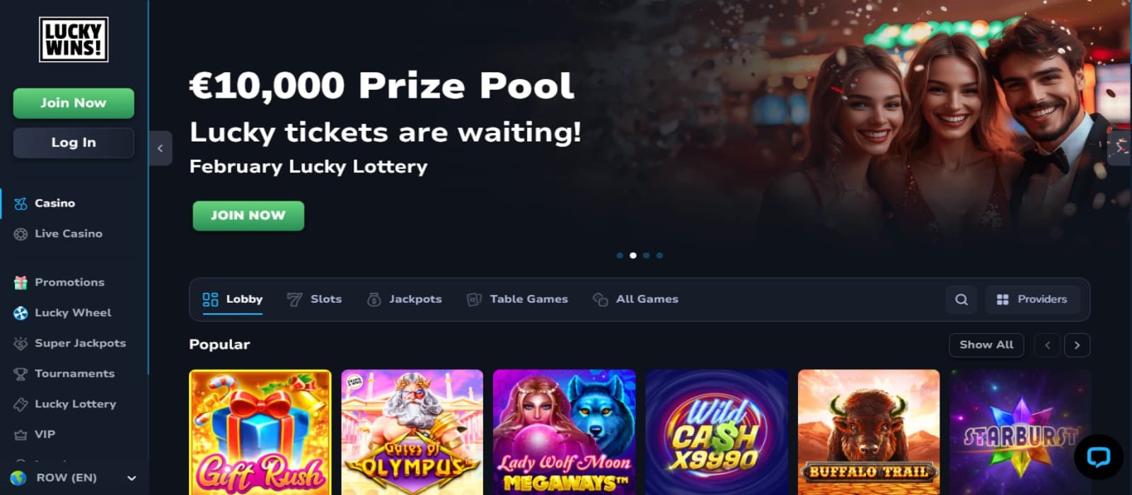 Luckywins casino landing page with the tournament banner, slot game icons and side navigational panel