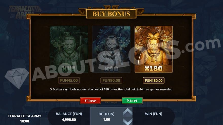 A menu offering different Free Spins options for 45X, 90X, and 180X the bet.