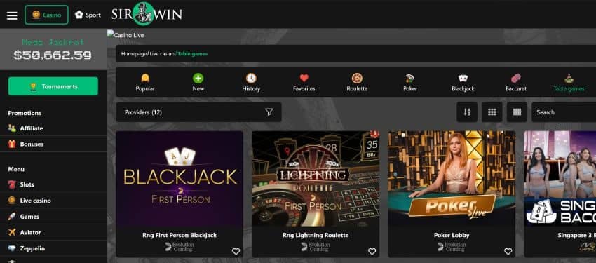 Table games thumbnails for blackjack, roulette and poker on sirwin casino website with a sidebar menu for navigation