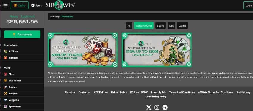 Sirwin casino promotions page showing graphics illustration with information of the mega and regular welcome bonus offers