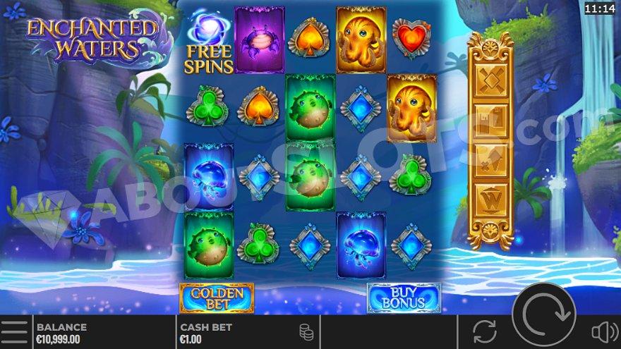 A 5-reel casino slot in a landscape with waterfalls, rocks, and grass. 