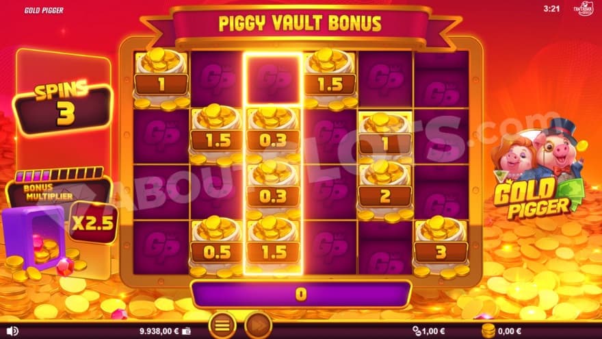 Piggy Vault Bonus game with a current 2.5X bonus multiplier on the left.