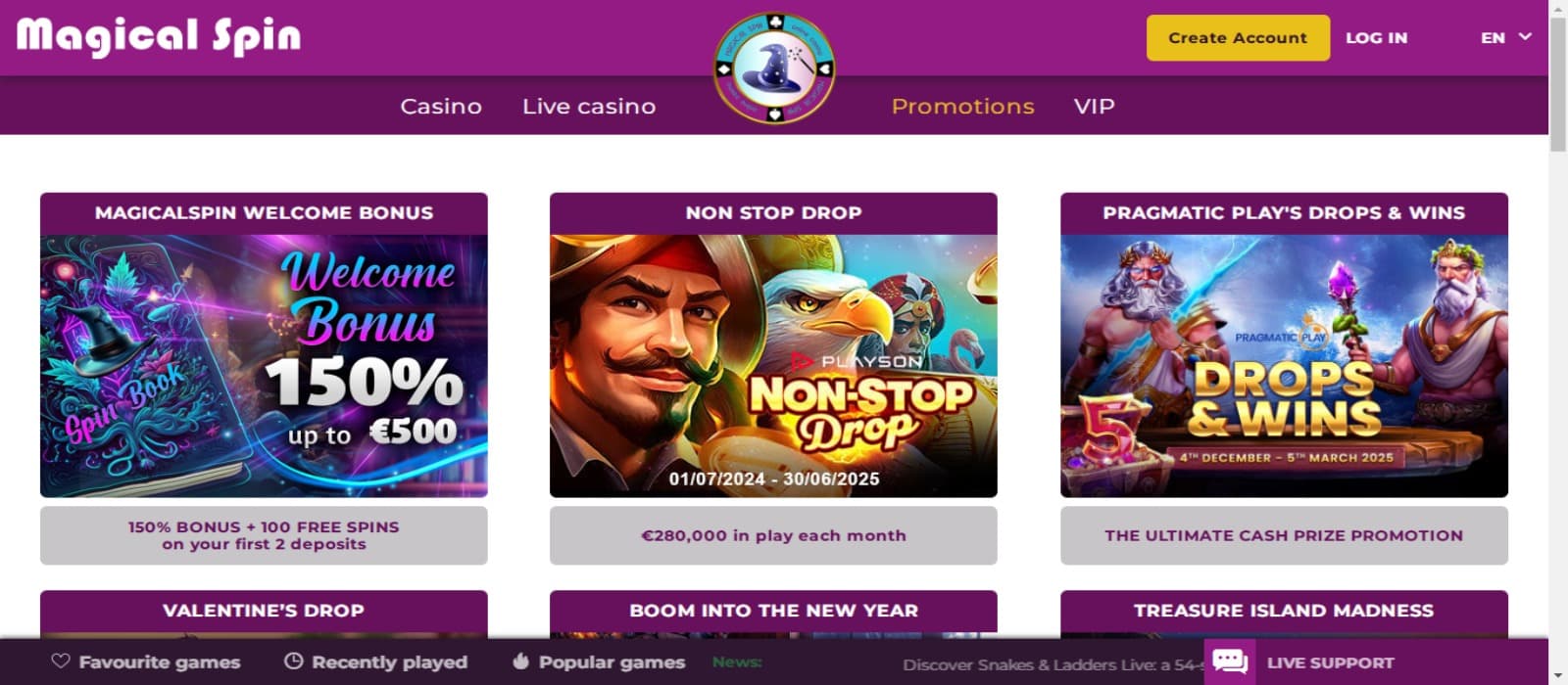 MagicalSpin casino promotions page with the welcome bonus offer banner and other promotions banner with site navigational menus