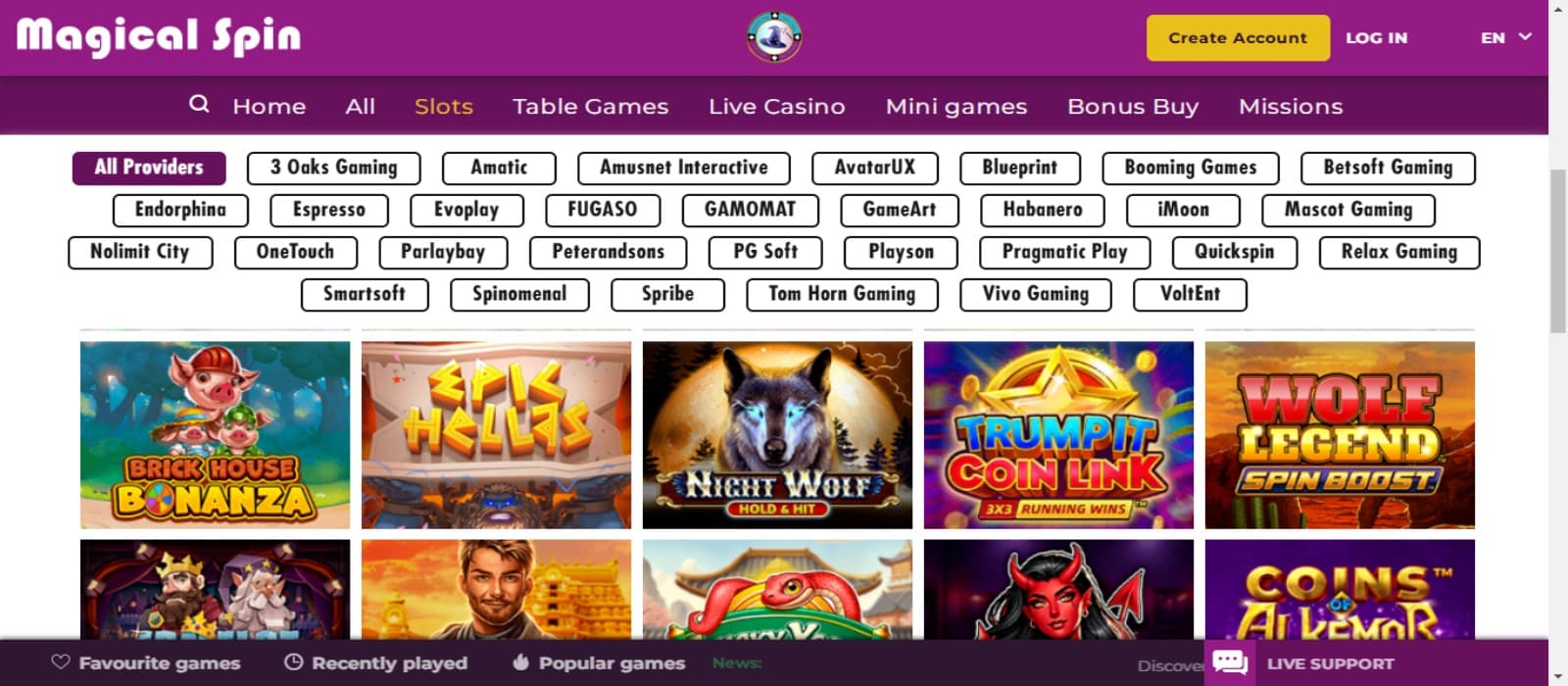 MagicalSpin casino games page showing the names of all game providers and colorful slot game icons