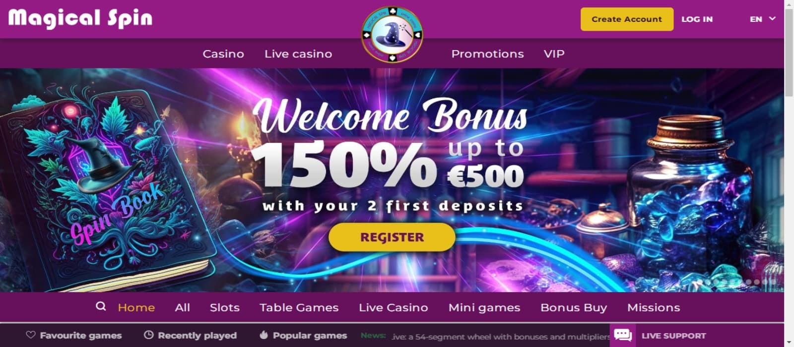 MagicalSpin casino landing page showing the colorful welcome bonus offer banner with other navigation menus to other pages