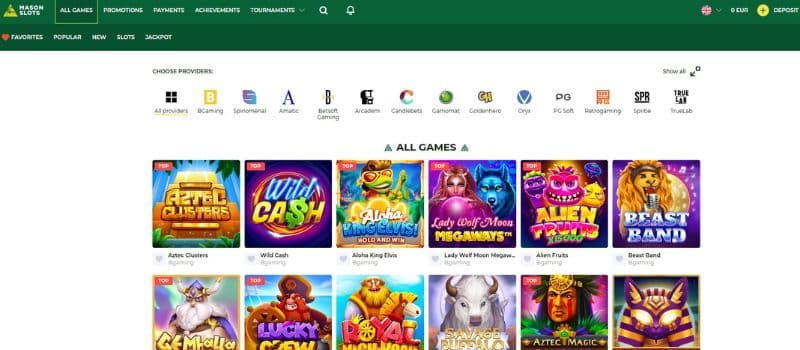 Mason Slots Casino games section showcases a diverse collection of slots and jackpot games from renowned providers like BGaming, Spinomenal, and more.