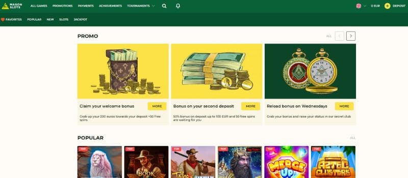 Mason Slots Casino homepage featuring a variety of casino bonuses such as first deposit bonus, second deposit bonus, and reload bonus on Wednesdays.