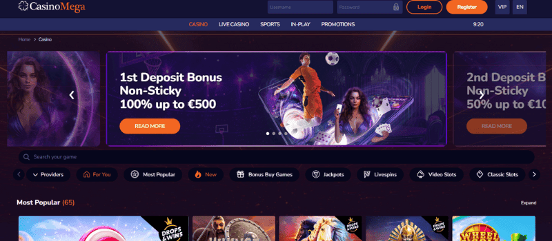 CasinoMega homepage: A vibrant online casino platform with a diverse selection of games.