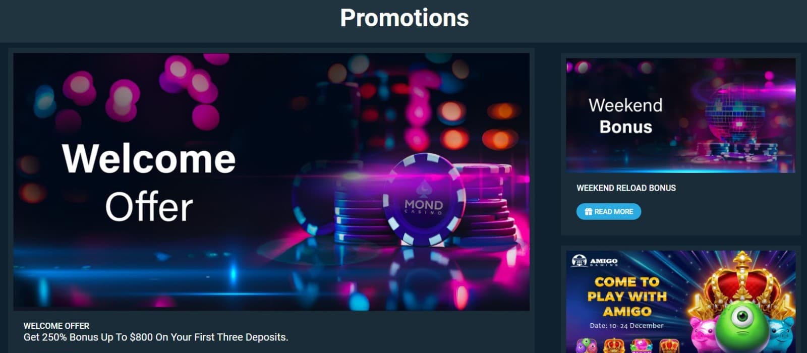 The landing page of MondCasino shows the welcome offer and weekend bonus.