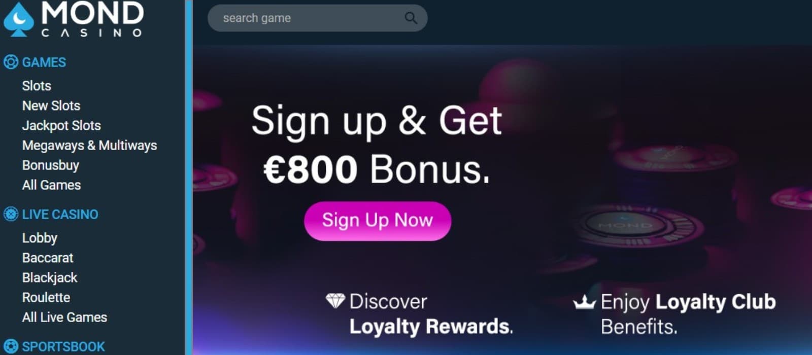 The promotions page of MondCasino displays the sign up bonus of 800 euros.