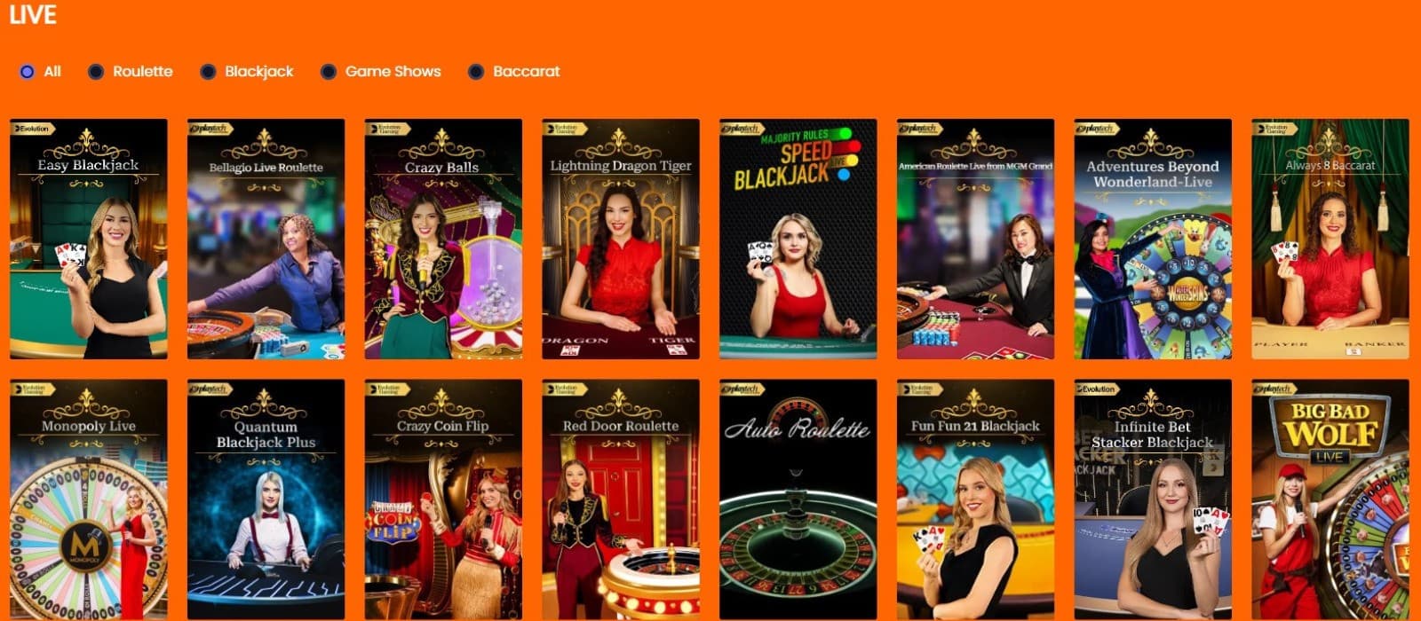 Mr Rex Casino's live games section, showing variations of roulette, blackjack, and baccarat.