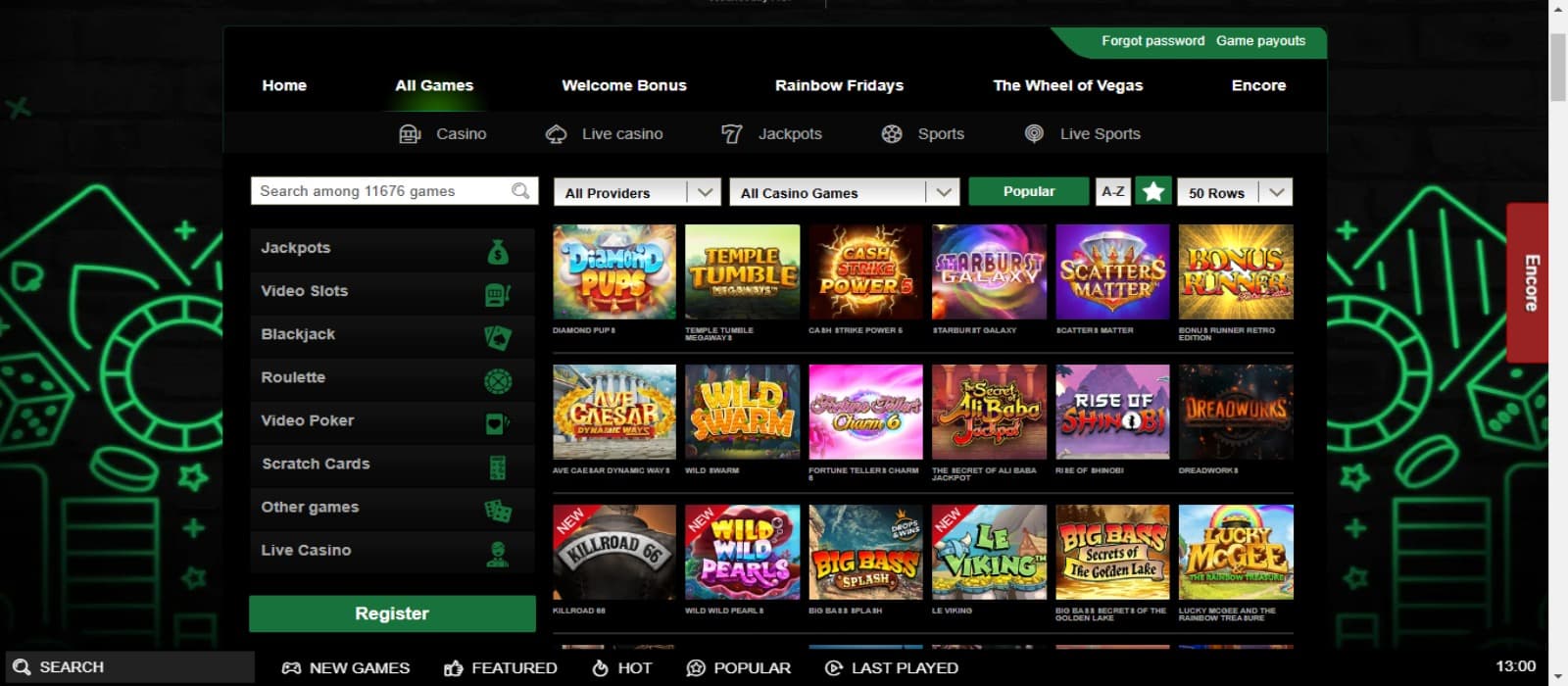 MrVegas casino game page with the colourful icons of slot games and left side navigation menus to other types of games