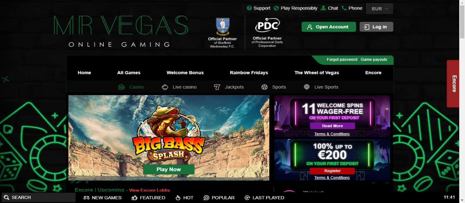 MrVegas casino landing page with the welcome bonus banner, slot game video, and other site nagivational menus