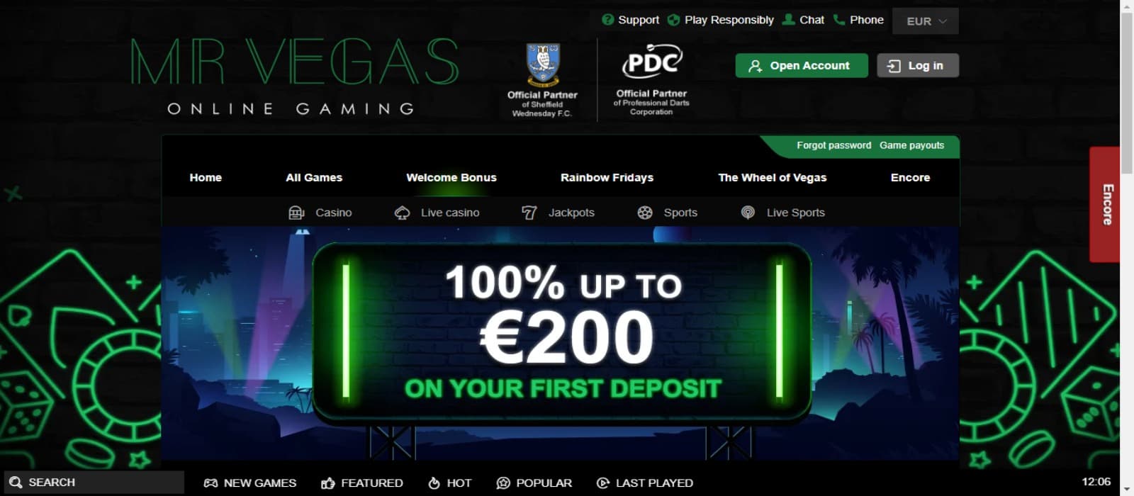 MrVegas casino promotions page showing the welcome bonus banner and other site navigational menus with animated background