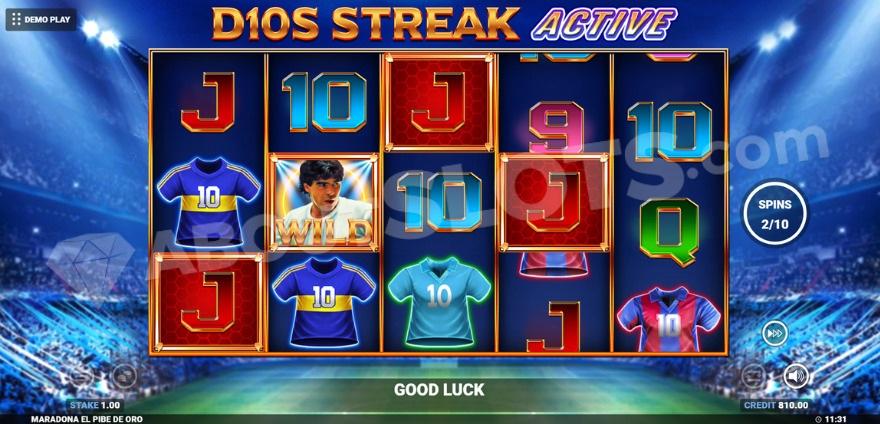 Free Spins bonus game where you can see one Maradona Wild symbol on reel two.