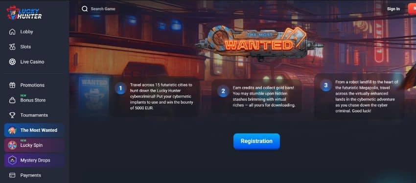 Lucky hunter casino loyalty page names the most wanted with instruction o how to participate