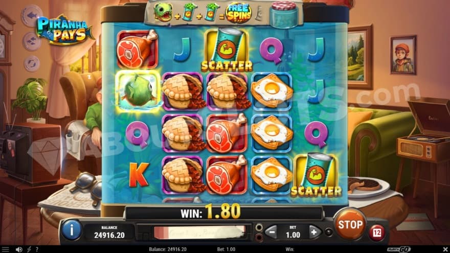 Activation of free spins feature with two scatter symbols and one piranha symbol.