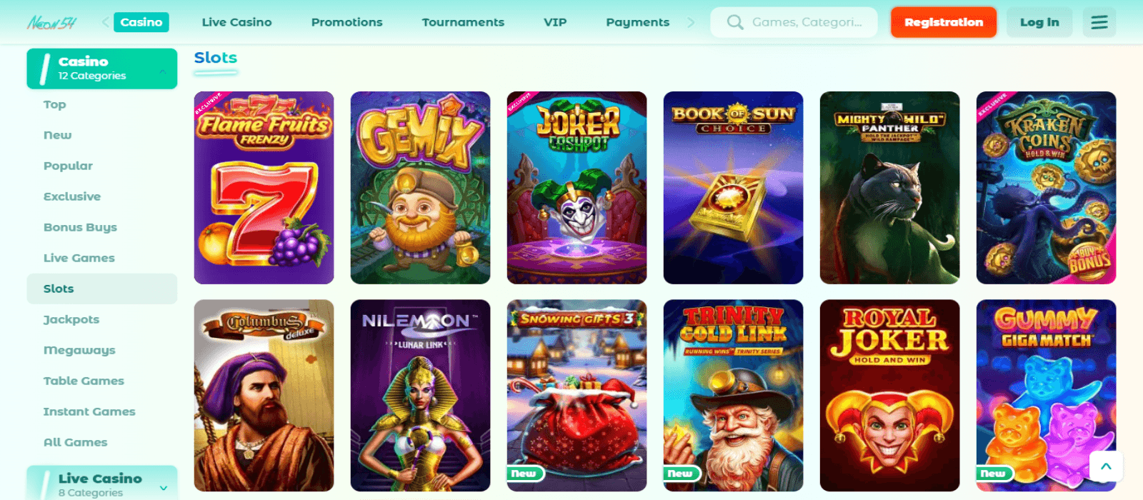 Neon54 casino games page showing the colorful icons of various slot games and the side navigational bar