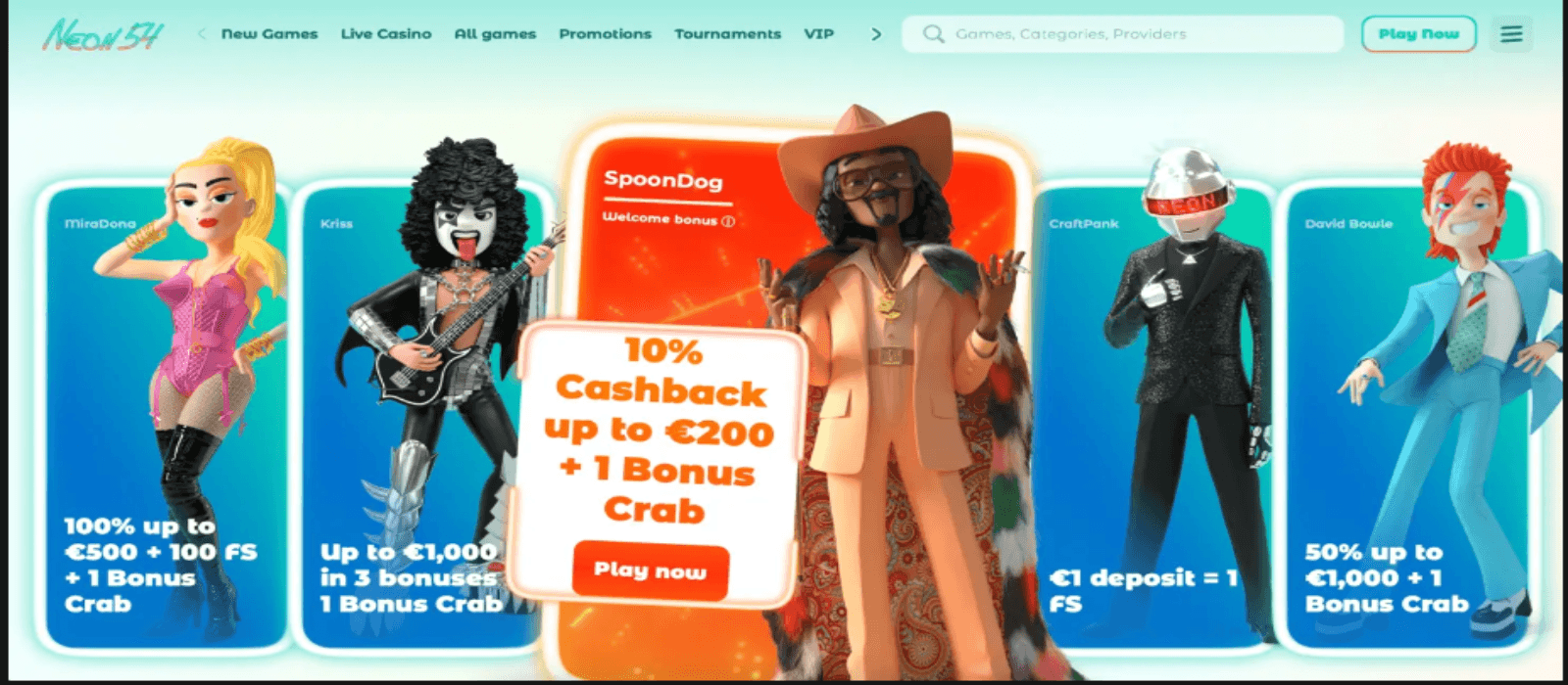 Neon54 Casino landing page showing the animated figures of music stars with a colorful background and navigational menus on the top