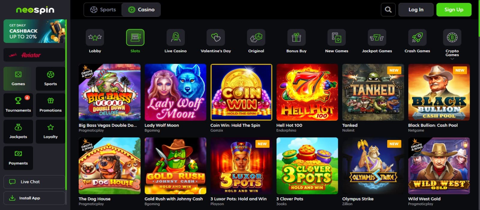 Neospin casino games page with the colorful slot game icons and side navigational panel