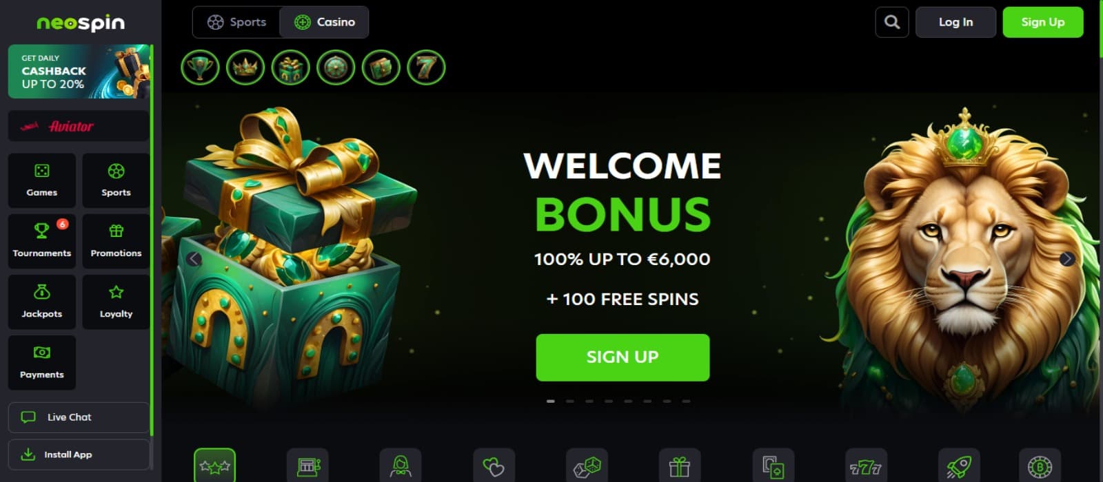 Neospin casino landing page with the welcome bonus banner displaying a gift box and a lion's face with side navigational menus