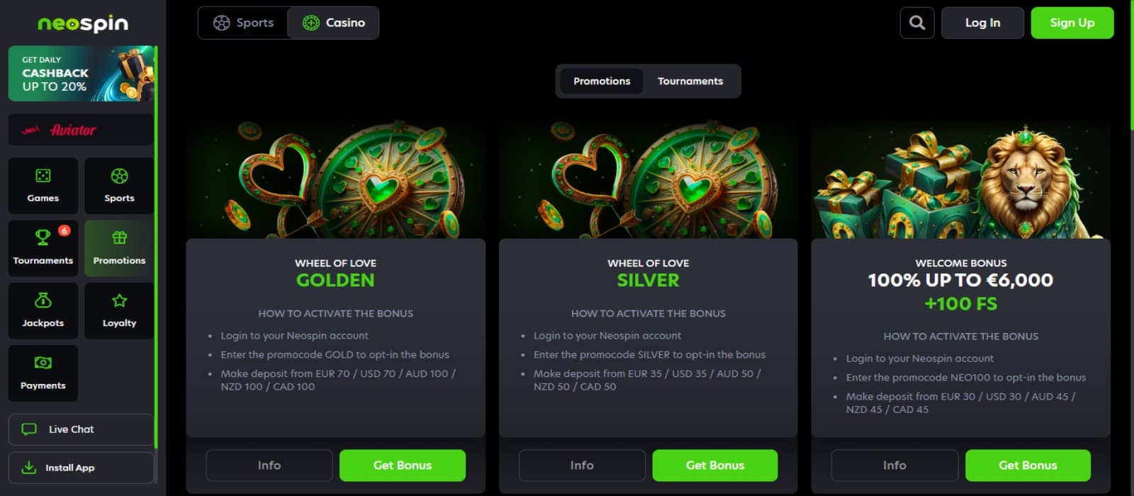 Neospin casino promotions page with the various promotional offer banners, welcome bonus banners, and side navigational menus