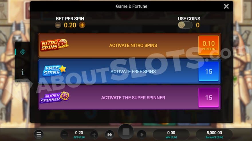 A screen offering the Nitro Spins, Free Spins, and Super Spinner for a preset amount. 