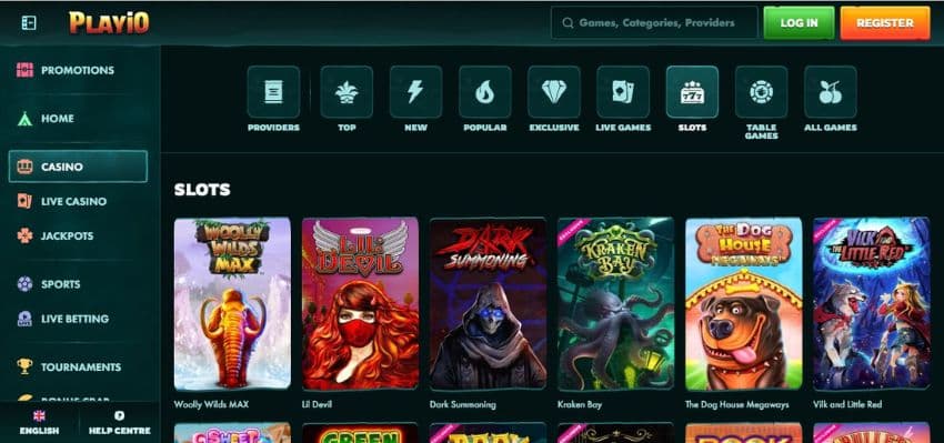 Playio Casino’s slot games category, showing games such as The Dog House Megaway, among others.