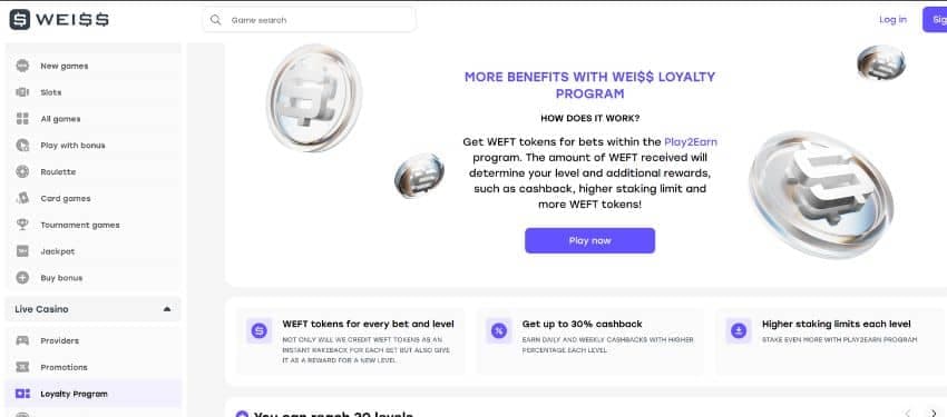 Weiss casino loyalty program page showing the benefits of the program and sidebar menu