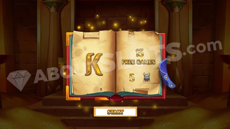 An open book with a K on the left page and a text saying 13 free games 5 Scarabs on the right.