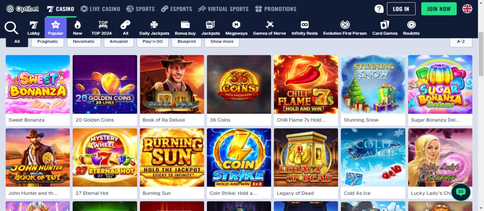 Optibet casino games page showing the colorful icons of various slot games and top navigational menus for game categories