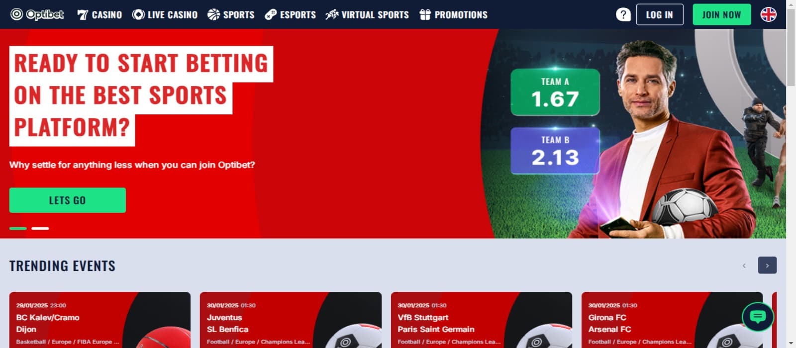 Optibet casino landing page with a red color banner of sportsbetting and top navigational menus