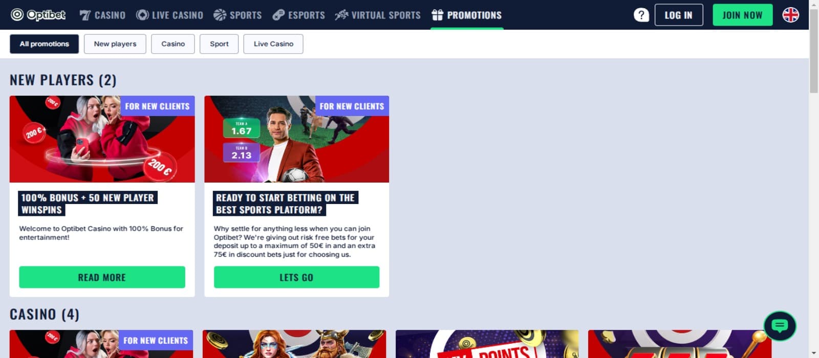 Optibet casino promotions page showing the banners of welcome bonuses and other promotions