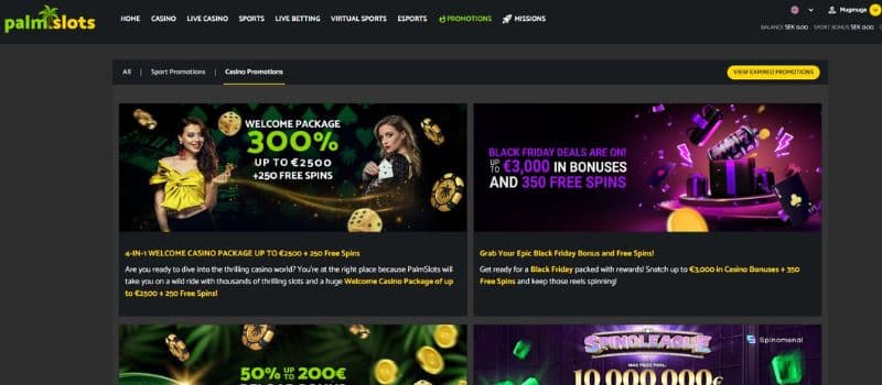 Palmslots Casino's promotions page displays a selection of bonuses, such as the welcome package and a spin tournament.