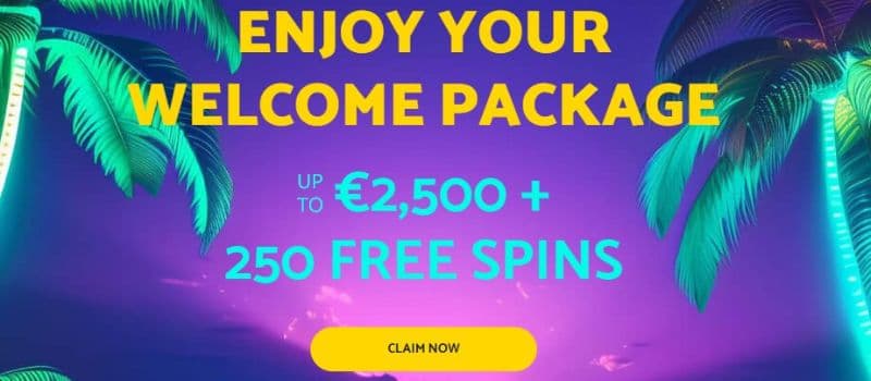 A banner with palm trees showcases Palmslots Casino's welcome bonus offer of up to 2500 euros and 250 free spins.