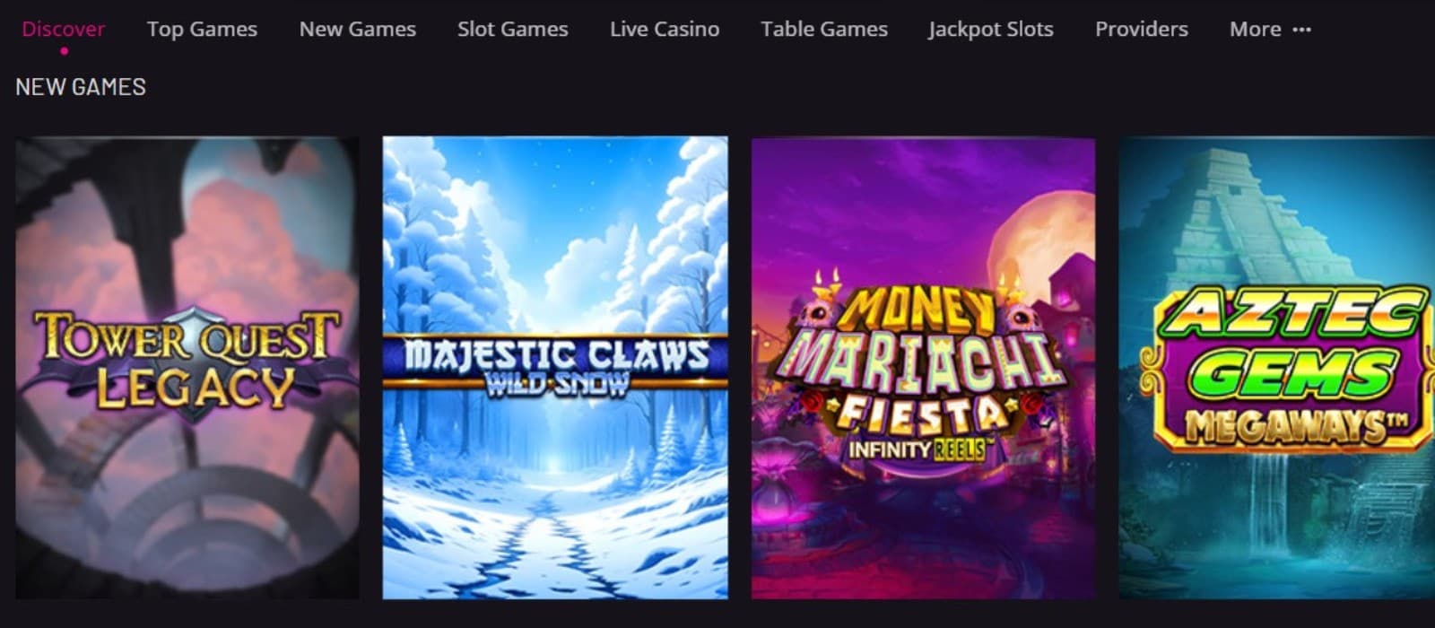 The games section of PlayGrand Casino showcases the new games, such as Tower Quest Legacy, Majestic Claws Wild Snow, and more.