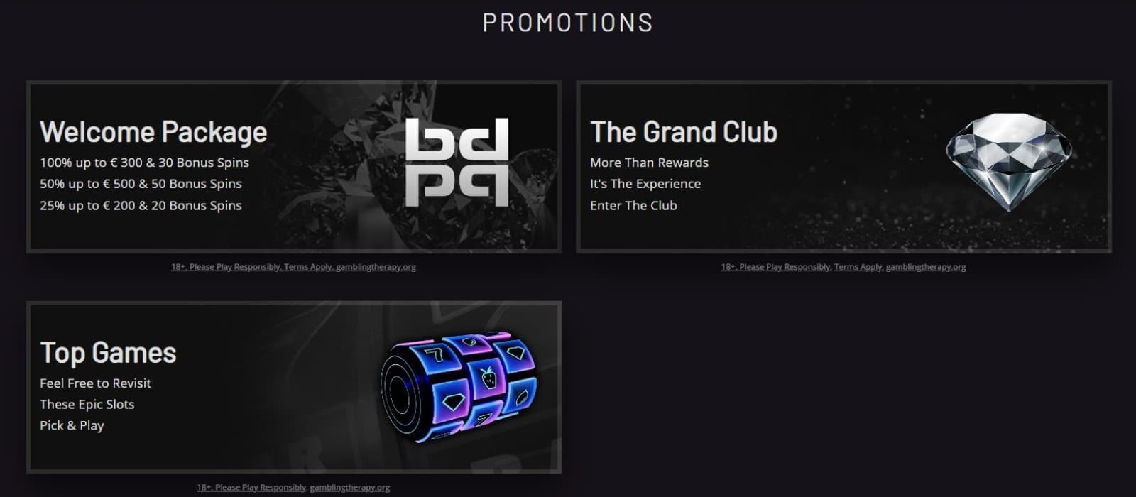 The promotions page of PlayGrand Casino displays a range of bonuses, such as the welcome package and the grand club.