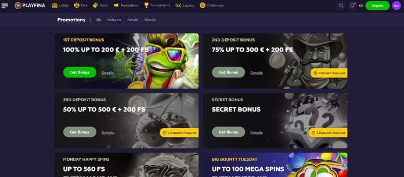 Playfina Casino's promotions page displays the welcome package, which is spread across the first three deposits, and ongoing promotions. 