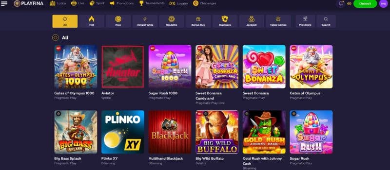 The Playfina casino's game lobby showcases a selection of colourful slot games, such as Gates of Olympus, Aviator, Plinko XY, and more.