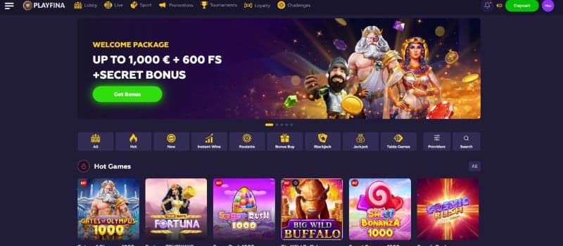  A banner describes the welcome package of up to 1000 € and 600 free spins with a secret bonus on a dark background next to the characters from popular slot games.