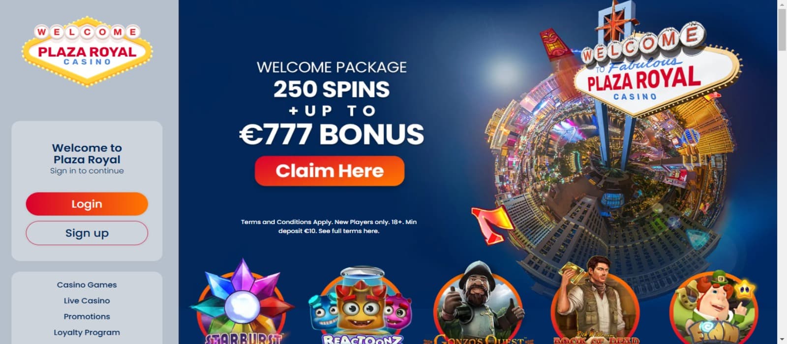 Plaza Royal casino landing page showing the welcome bonus offer banner with animated and colorful slot game icons and sign up menu on the left