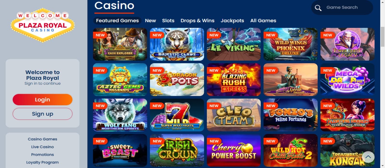 Plaza Royal Casino games page with the colorful icons of various slot games and left hand navigation panel with the sign up button