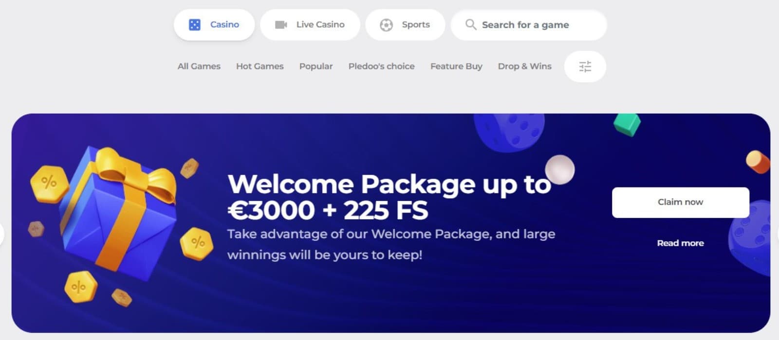 The landing page of Pledoo Casino shows the welcome package of 3000 euros and 225 free spins.