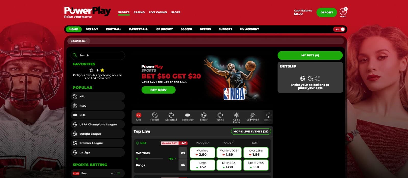 The PowerPlay Casino landing page with a red and black theme highlights a "Bet $50 Get $20" NBA promotion. 