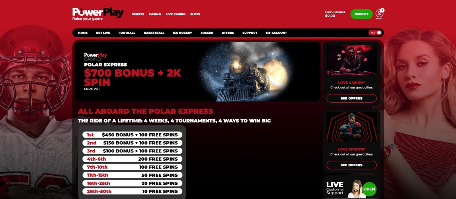 The Power Play Casino promo page with a bold red and black color scheme. The centerpiece highlights the "Polar Express" promotion offering "$700 Bonus + 2K Spin Prize Pot.