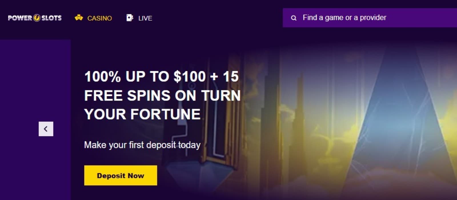 Power Slots Casino's homepage, showing the welcome bonus banner flanked by Sweet Bonanza slot icon. 