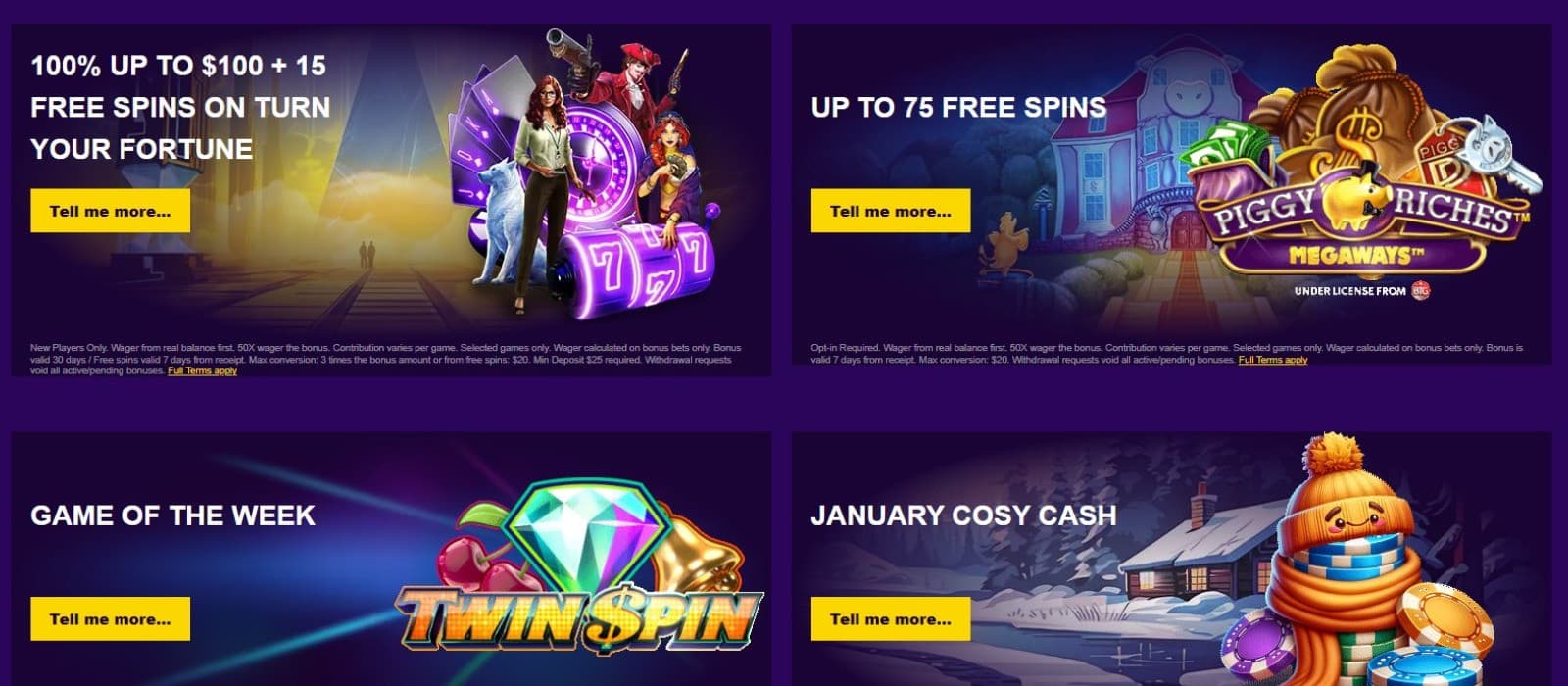 Power Slots Casino's promotions page, showing the welcome bonus and sidebar menu.