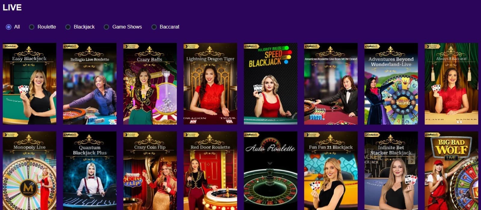 Power Slots Casino's live games section, showing variations of roulette and blackjack.