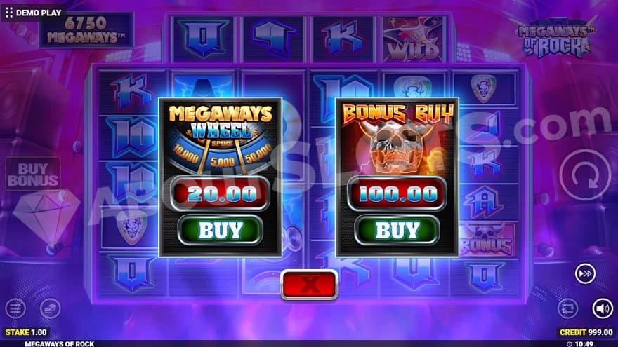 A menu offering the Megaways Wheel for 20X the bet and the Free Spins for 100X the bet.