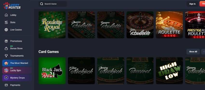 Lucky hunter casino table games showing different roulette, blackjack and a menu sidebar
